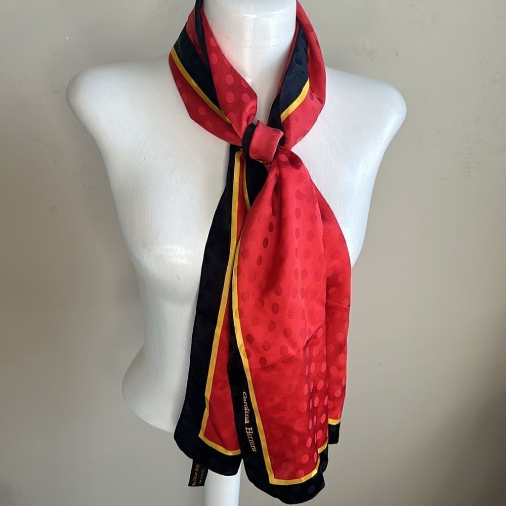 CAROLINA HERRERA Vintage Red Black Yellow Polka Dot Embossed 100% Silk Scarf